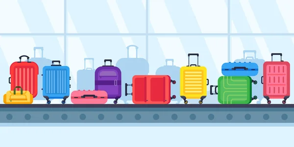 Bagage transportband. Reizen koffers op de luchthaven Bagage carrousel, luchtvaartmaatschappij verloren koffer vectorillustratie — Stockvector