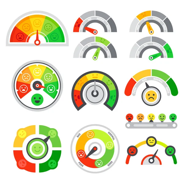 Satisfaction rating meter. Quality speedometer, goods grade indicator and mood graph ratings. Color tachometer indicators vector set — Stock Vector