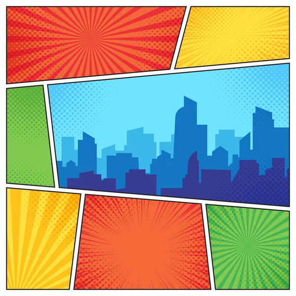 City on comic page. Comics book frames composition on strip halftone background. Cartoon books vector template layout illustration — Stock Vector