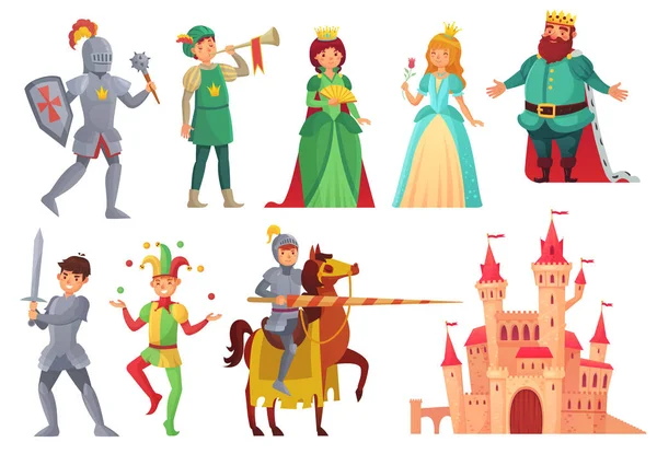 Középkori karaktereket. Royal knight, a lovaglás, a hercegnő, a Királyság király és a királyné Lance elszigetelt vektor jelleg készlet — Stock Vector