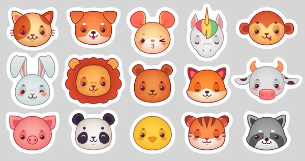 Eläimet kasvot tarroja. Söpö eläin kasvot, kawaii hauska emoji tarra tai avatar. Sarjakuva vektori kuvitussarja — vektorikuva