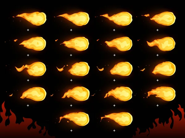 Brand de bal. Geanimeerde vlammende fireball, warm vliegen vlam en warm vuurballen 2d animatieframes geïsoleerd vector tekenfilm verzameling — Stockvector