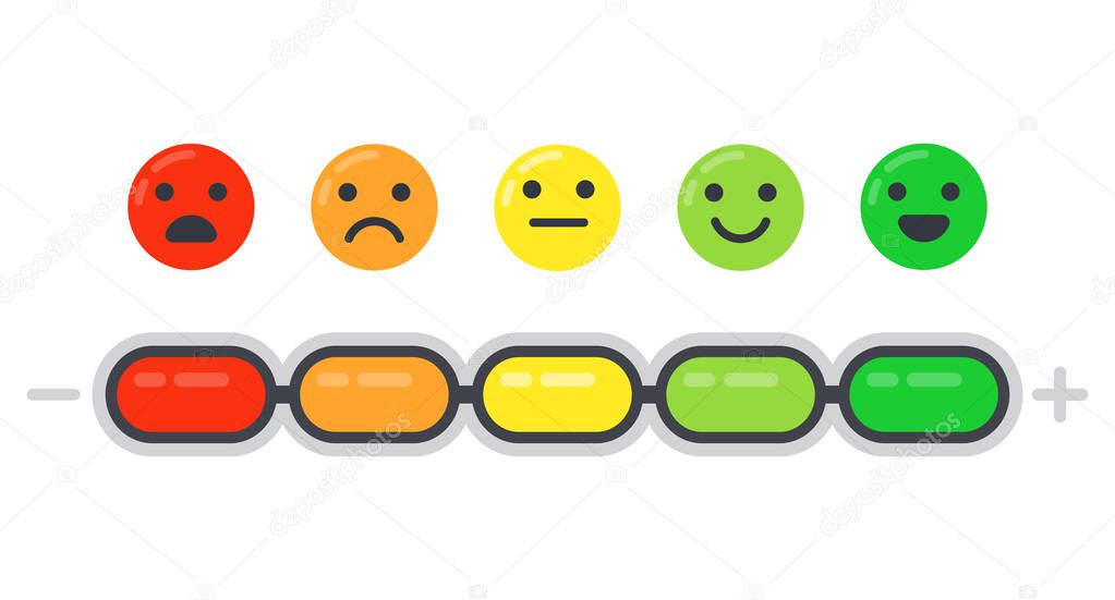Emotional scale. Mood indicator, customer satisfaction survey and colored emotions emoji isolated flat vector illustration