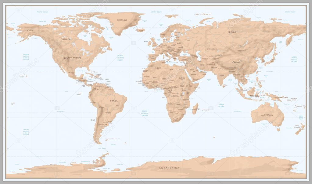 Vintage world map. Retro countries boundaries on topographic or marine map. Old continents navigation maps vector illustration
