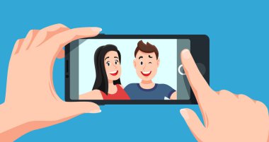 Çift selfie. Romantik kendi kendine portre, genç arkadaşlar selfie fotoğraf karikatür alarak illüstrasyon vektör