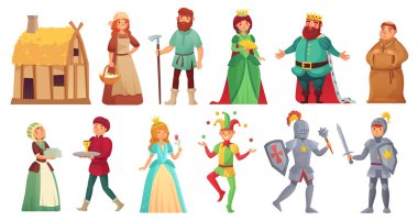Medieval historical characters. Historic royal court alcazar knights, medieval peasant and king isolated cartoon vector character clipart