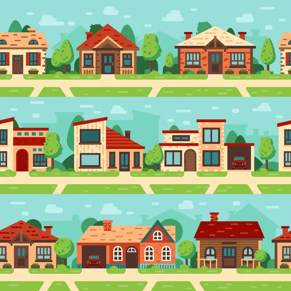 Casas suburbanas sin fisuras. Paisaje urbano panorámico con exterior de la casa, edificios y camino de la ciudad conjunto de fondo vector plano — Vector de stock