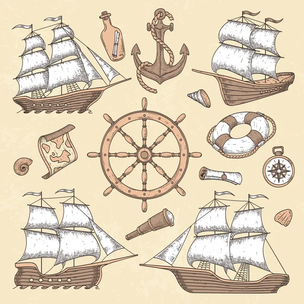 Oldtimer Marineschiffe. alter Kartuschenrahmen, Schiffsanker und Seerad mit antiken Kompass. Ozean Segelboot Retro Vektor Illustration — Stockvektor