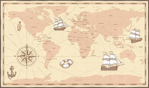 Antique world map. Vintage compass and retro ship on ancient marine map. Old countries boundaries vector illustration — Stock Vector