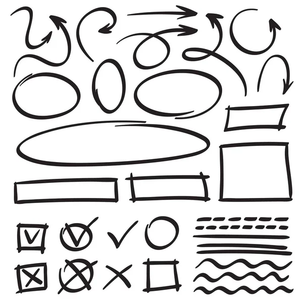 Desenhe flechas e molduras. Círculo desenhado à mão, moldura oval e doodles seta. Desenhos animados ponteiros e linhas conjunto vetorial —  Vetores de Stock