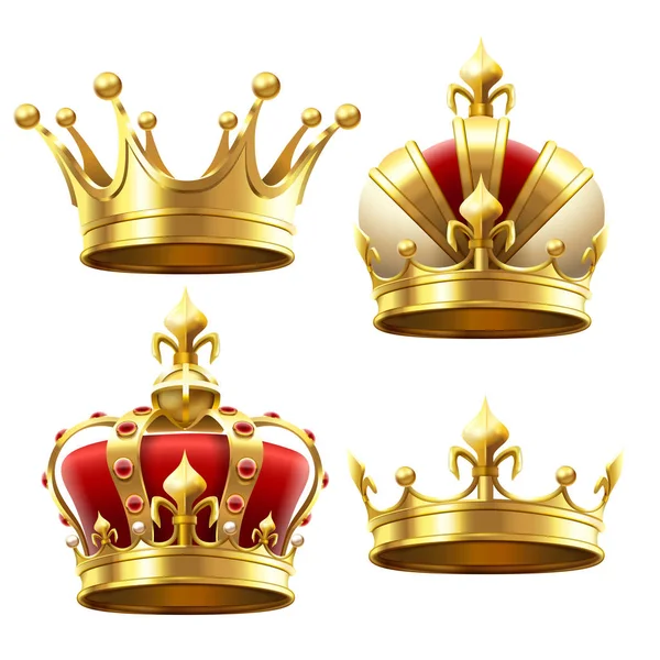 Realistic gold crown. Crowning headdress for king and queen. Royal crowns vector set — Stock Vector