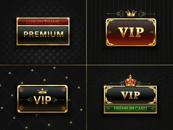 Marco Golden Vip. Banner premium con corona de insignias de oro. Tarjeta de invitación de lujo negro con marcos de oro. Conjunto exclusivo de tarjetas vectoriales — Archivo Imágenes Vectoriales