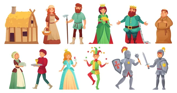 Μεσαιωνικές ιστορικές χαρακτήρες. Ιστορικό βασιλικό δικαστήριο Αλκαζάρ ιππότες, χωρικός μεσαιωνικό και βασιλιά απομονωμένη διανυσματικό χαρακτήρα κινουμένων σχεδίων — Διανυσματικό Αρχείο
