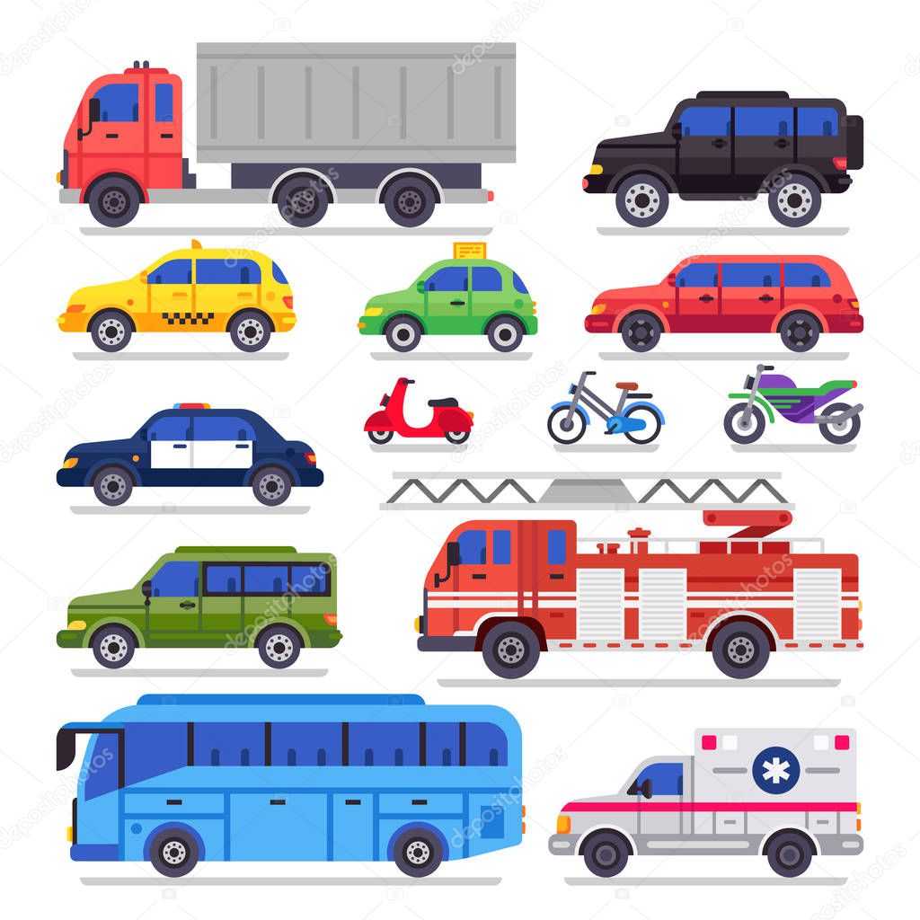 Flat auto transport. City road car, bicycle and motorcycle. Ambulance car, fire engine and town transporter bus isolated vector set