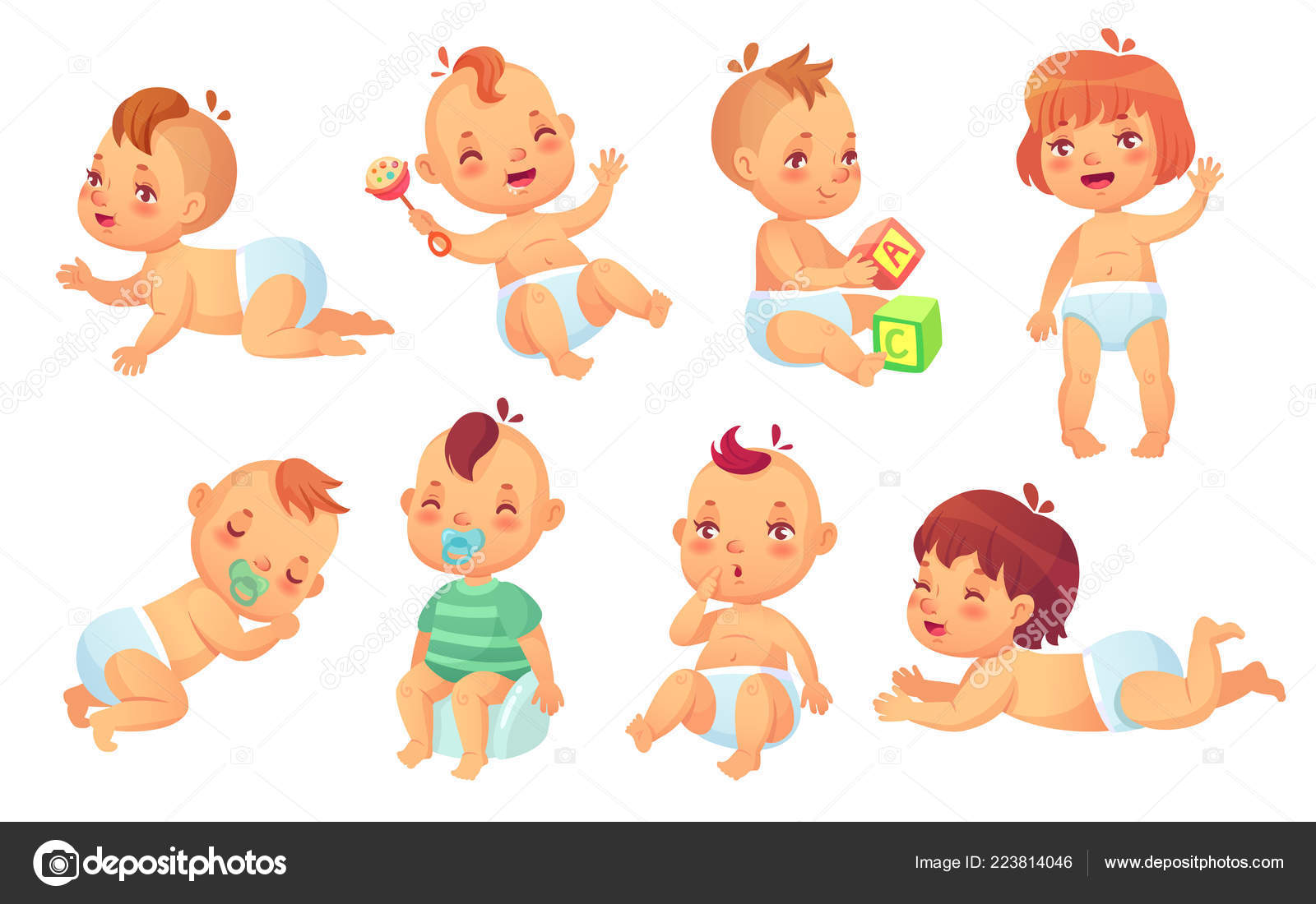 Cute baby. Happy cartoon babies, smiling and laughing toddler isolated  vector character set Stock Vector Image by ©.com  #223814046