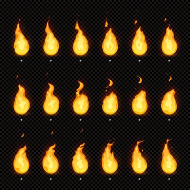 Animasyon ateş. Alev alev, ateşli blaze ve animasyonlu yanan alevler izole vektör animasyonlar çerçeveleri ateş