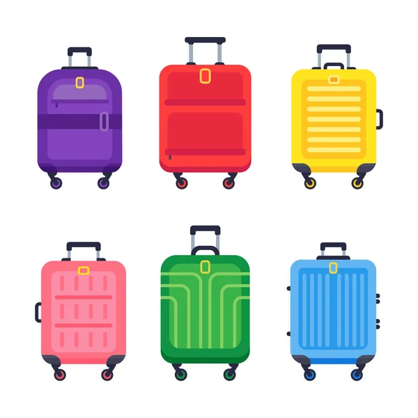 Walizki bagaż. Port lotniczy podróży bagażu kolorowe walizki z tworzyw sztucznych z uchwytem i wózek izolowane płaskie wektor zestaw — Wektor stockowy