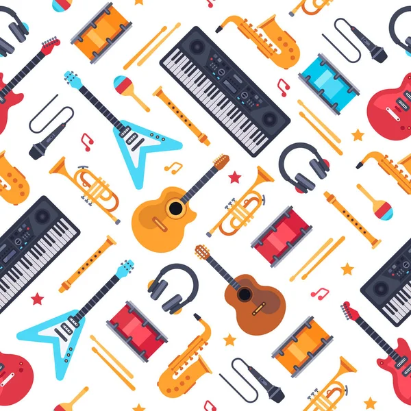 Instrumentos musicales patrón sin costura. Sintetizador de piano vintage, guitarra rock y batería. Vector de música fondo plano — Vector de stock