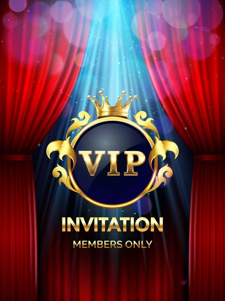 Tarjeta de invitación Premium. Fiesta Vip invitan con corona dorada y cortinas rojas abiertas. Gran apertura banner vector plantilla — Vector de stock