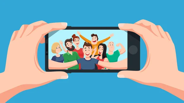 Group selfie on smartphone. Photo portrait of friendly youth team, friends make photos on phone camera cartoon vector illustration — Stock Vector