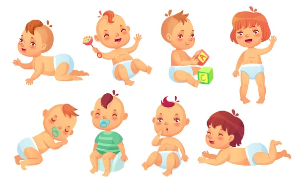 Schattige baby. Happy cartoon baby's, glimlachen en lachen peuter geïsoleerd vector-tekenset — Stockvector