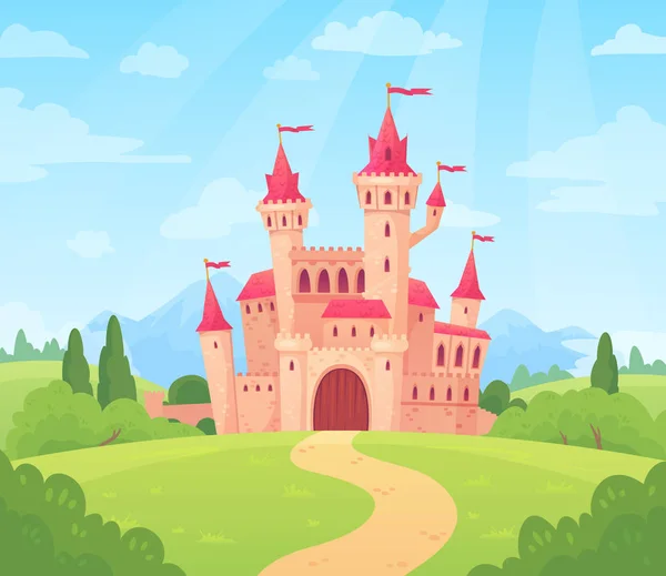 Sprookjeslandschap met kasteel. Fantasie paleis toren, fantastische fairy huis of magische kastelen Koninkrijk cartoon vector achtergrond — Stockvector