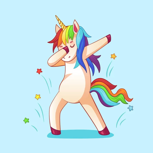 Dabbing unicornio. Postura de meme bailando Dab, caballo de ensueño con gafas geniales. Memes danza ilustración vector de dibujos animados — Vector de stock