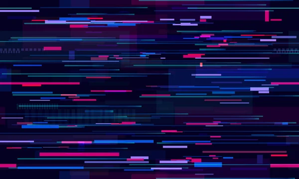 Futurista neon glitch background. Linhas de tecnologia de vida noturna falhas, movimento de luz de rua e design de vetor de padrão sem costura de tecnologia — Vetor de Stock