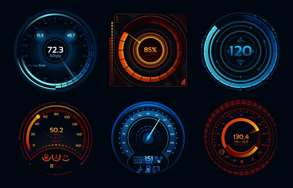 Snelheidsmeter indicatoren. Vermogenmeters, snelle of langzame internet verbinding snelheid meter stadia vector concept — Stockvector
