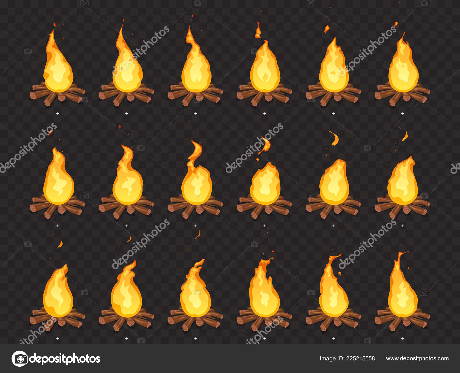 Animação de fogueira desenho animado queimando fogueira com lenha. chamas  de fogo com efeito de quadros de sprites animados
