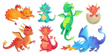 Dragon çocuklar. Fantezi bebek ejderha, komik fairytale sürüngen ve yılan izole karikatür vektör set nefes Ortaçağ efsaneler yangın