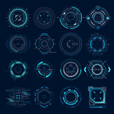 Fütüristik optik amaç. Askeri kolimatör görme, silah hedefleri odak aralığı göstergesi. Keskin nişancı silah hedef hud hedefleyen vector Icons set