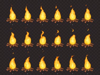 Yakıcı şenlik ateşi animasyon. Sıcak ateş, açık kamp ateşi ve şenlik ateşleri izole vektör Sprite çerçeveler çizgi film