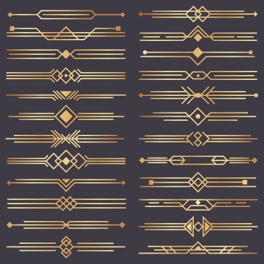 Art deco bölücü. Vektör tasarım kümesi altın retro sanat sınır, 1920'lerde dekoratif süsler ve altın bölücüler sınırları