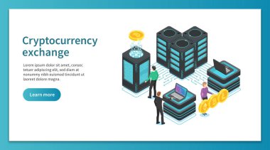 Cryptocurrency Satım açılış sayfası. Madencilik, kripto platformu alışverişi insanlar. Online ödeme pazarı vektör izometrik kavramı