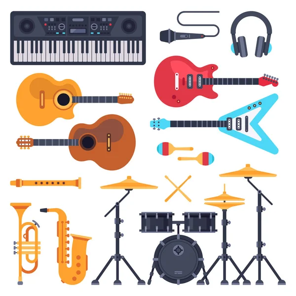 Instrumentos musicales. Tambor de orquesta, sintetizador de piano y guitarras acústicas. conjunto de vector plano banda de jazz instrumento musical — Vector de stock