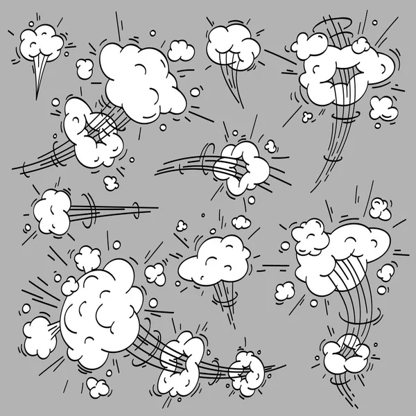 Cómico de nubes de velocidad. Nubes de movimiento rápido de dibujos animados, efectos de humo y movimientos sendero vector elementos conjunto — Vector de stock