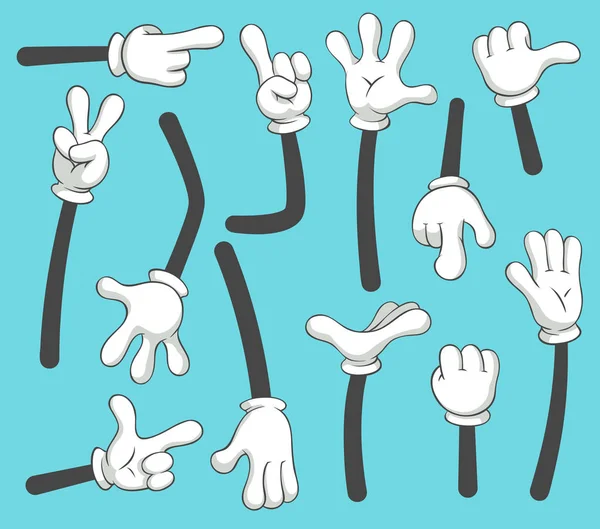 Bras de dessin animé. Gants Doodle pointant les mains, bras humain différent. Ensemble d'illustrations vectorielles vintage — Image vectorielle