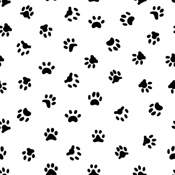 Huella de pata de gato. Gato o perro patas pisadas huellas, mascotas huellas y animal impreso pisada pistas sin costura patrón vector fondo — Archivo Imágenes Vectoriales