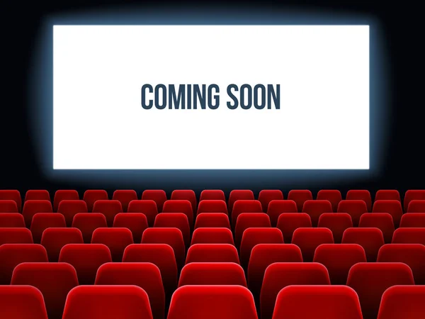 Sala de cine. Interior de la película con texto próximamente en pantalla blanca y asientos rojos vacíos. Cine cine vector fondo — Archivo Imágenes Vectoriales