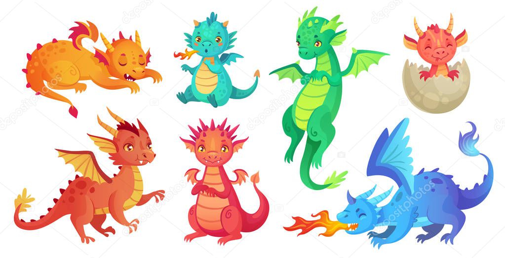 Dragon kids. Fantasy baby dragons, funny fairytale reptile and medieval legends fire breathing serpent cartoon isolated vector set