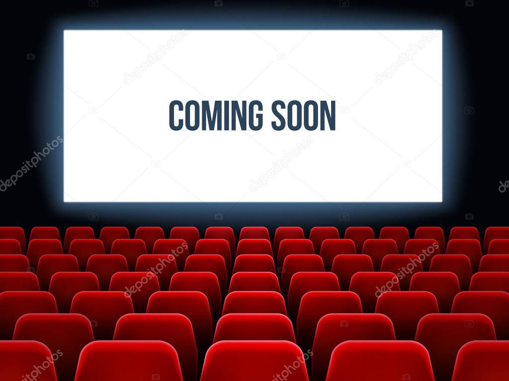 Cinema hall. Movie interior with coming soon text on white screen and empty red seats. Movie theater vector background