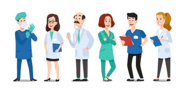 Tıp doktorları. Tıbbi Doktor, hastane hemşire ve Doktor stetoskop ile. Doktor sağlık hizmetleri çalışanları karikatür vektör karakter kümesi