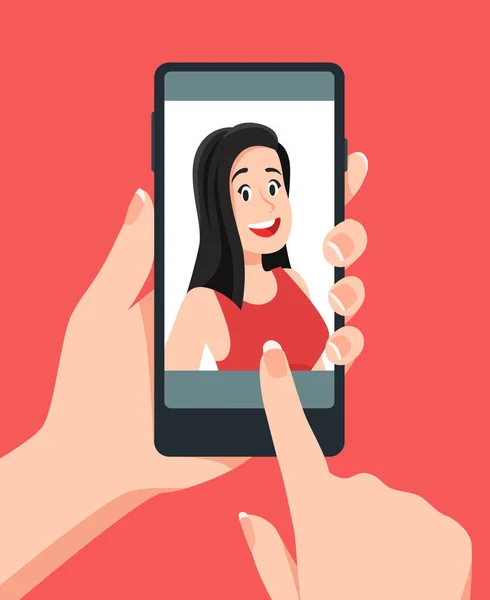 Arc fotózni. Nő vesz selfie a smartphone. Szúró telefon — Stock Vector