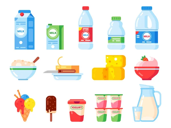 Productos lácteos. Dieta saludable yogur, helado y queso con leche. Colección de iconos planos vectoriales aislados de productos lácteos frescos — Vector de stock