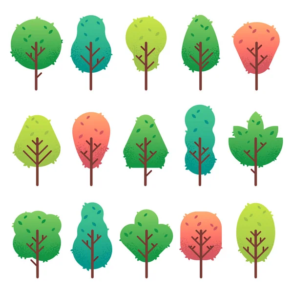 Arbres plats. tronc d'arbre de jardin, buisson et pin. Nature paysage vert vecteur isolé illustration — Image vectorielle