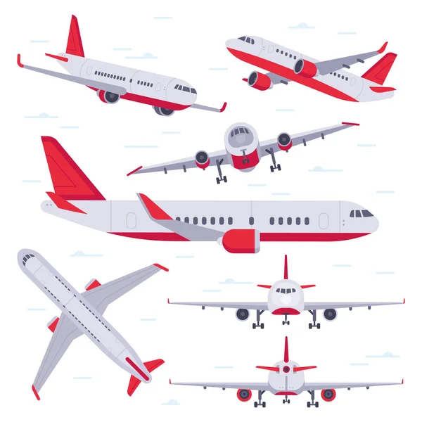 Плоский самолет. Путешествия самолетов, авиационные крылья и посадочные самолеты — стоковый вектор