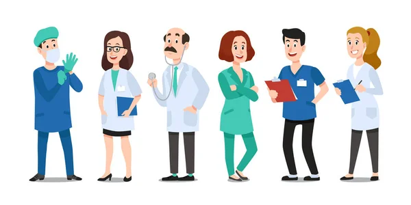 Médicos. Médico, enfermero de hospital y médico con estetoscopio. Médico trabajadores de la salud dibujos animados vector personajes conjunto — Vector de stock