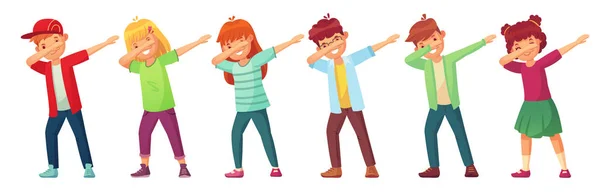 Dabbing niños. Adolescentes en pose dab dance, rendimiento escolar de baile infantil y adolescente haciendo ilustración vectorial de dibujos animados dab — Vector de stock