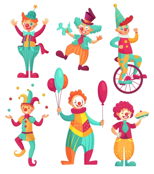 Klaunów cyrkowych. Kreskówka pajac komik żonglerka, śmieszne klaunów nosa lub jester cyrk przebierańców. Zestaw ilustracji wektorowych — Wektor stockowy